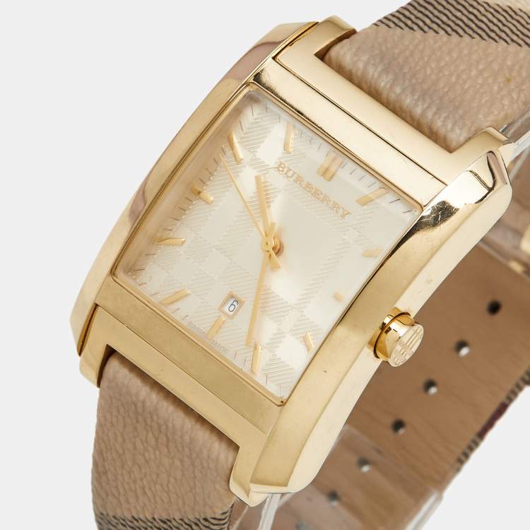 Pre Owned Burberry Champagne Gold Plated Stainless Steel Canvas Nova Check BU1579 Unisex Wristwatch 33 mm