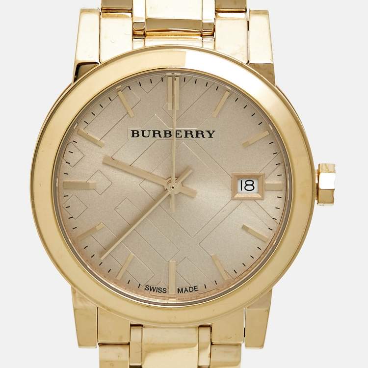 Pre Owned Burberry Champagne Dial Gold Plated Stainless Steel The City Bu9134 Women's Wristwatch 34 mm