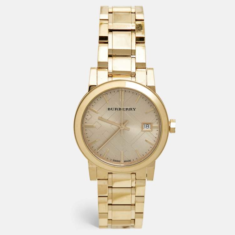 Pre Owned Burberry Champagne Dial Gold Plated Stainless Steel The City Bu9134 Women's Wristwatch 34 mm
