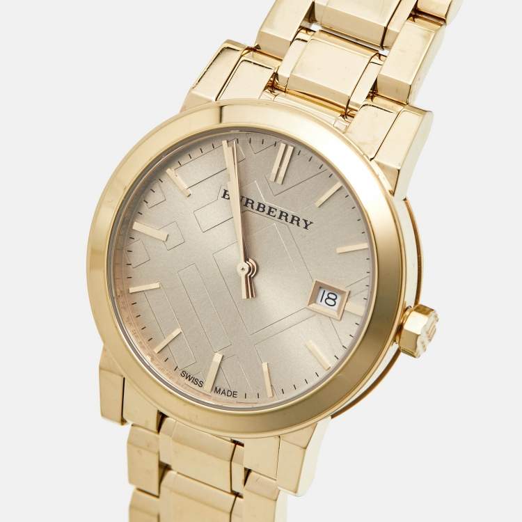 Pre Owned Burberry Champagne Dial Gold Plated Stainless Steel The City Bu9134 Women's Wristwatch 34 mm