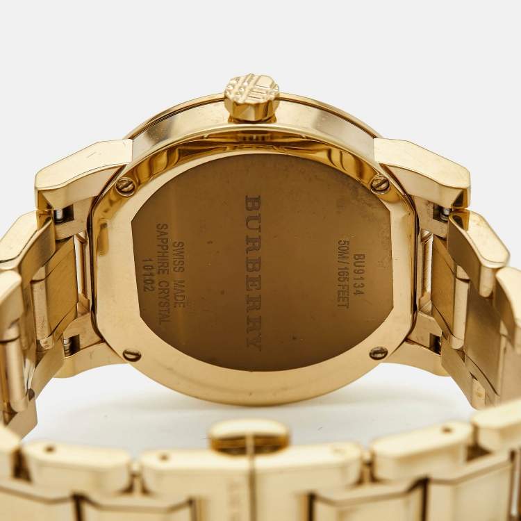 Pre Owned Burberry Champagne Dial Gold Plated Stainless Steel The City Bu9134 Women's Wristwatch 34 mm