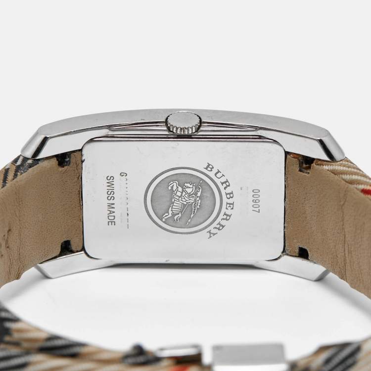 Pre Owned Burberry Silver Stainless Steel Canvas Heritage BU1050 Women's Wristwatch 25 mm