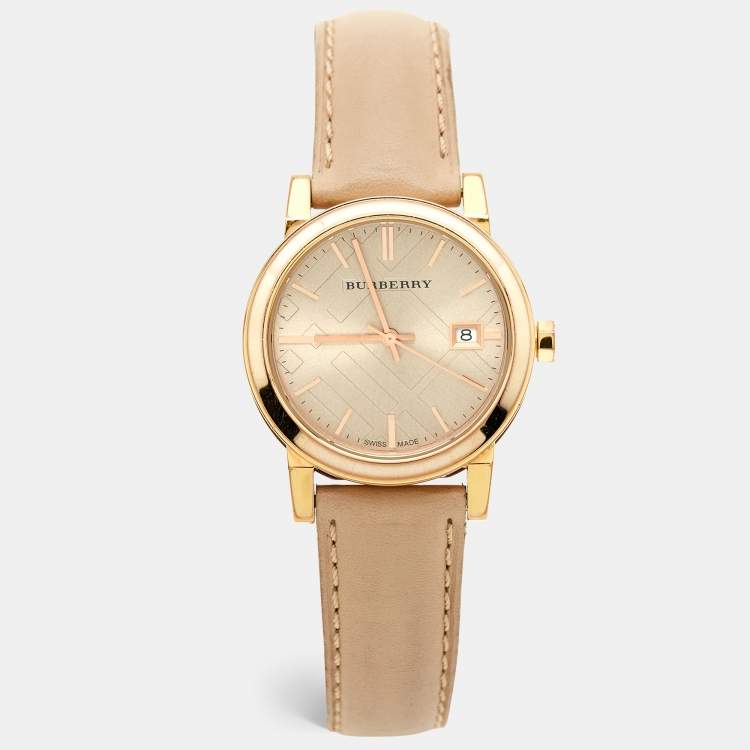 Pre Owned Burberry The City BU9109 Champagne Rose Gold Plated Stainless Steel Leather Women's Wristwatch 34 mm