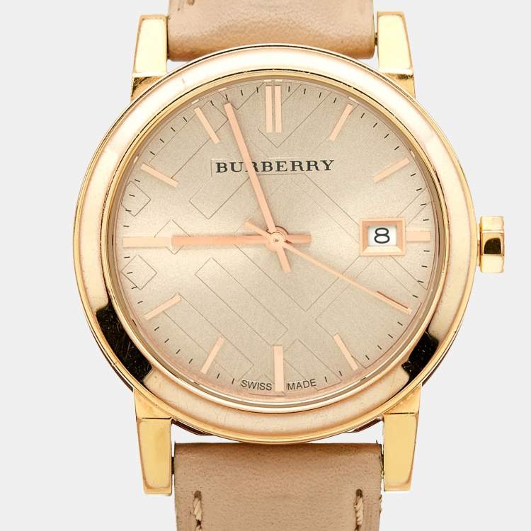 Pre Owned Burberry The City BU9109 Champagne Rose Gold Plated Stainless Steel Leather Women's Wristwatch 34 mm