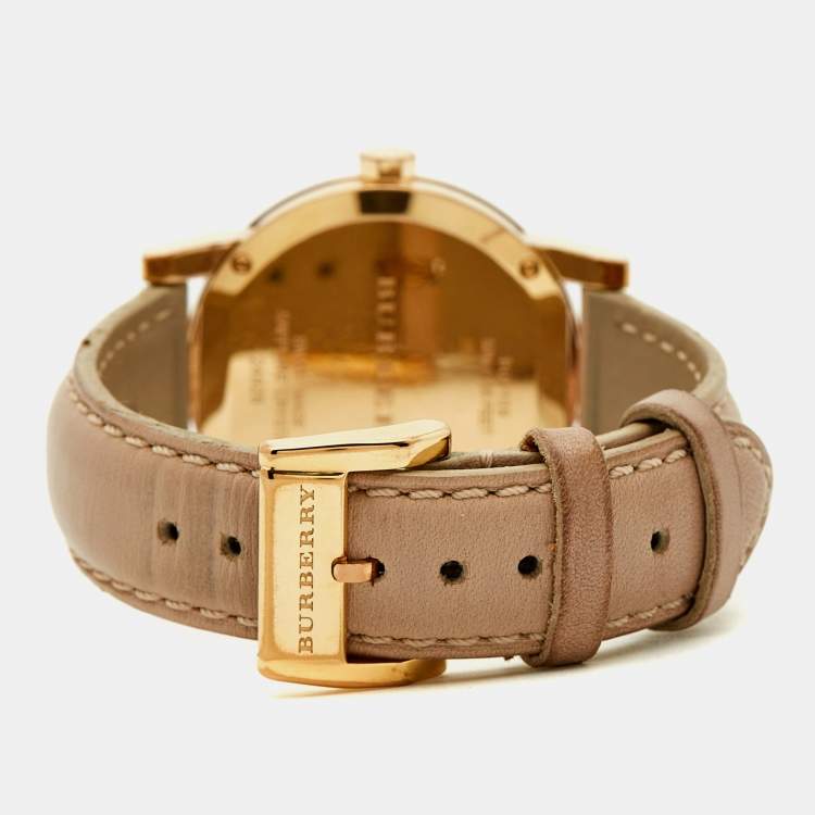 Pre Owned Burberry The City BU9109 Champagne Rose Gold Plated Stainless Steel Leather Women's Wristwatch 34 mm