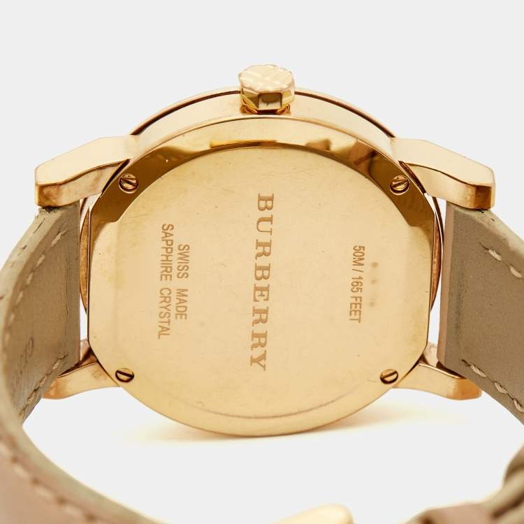 Pre Owned Burberry The City BU9109 Champagne Rose Gold Plated Stainless Steel Leather Women's Wristwatch 34 mm