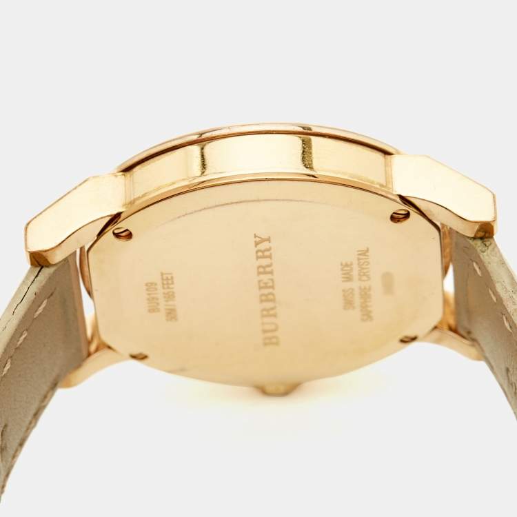 Pre Owned Burberry The City BU9109 Champagne Rose Gold Plated Stainless Steel Leather Women's Wristwatch 34 mm