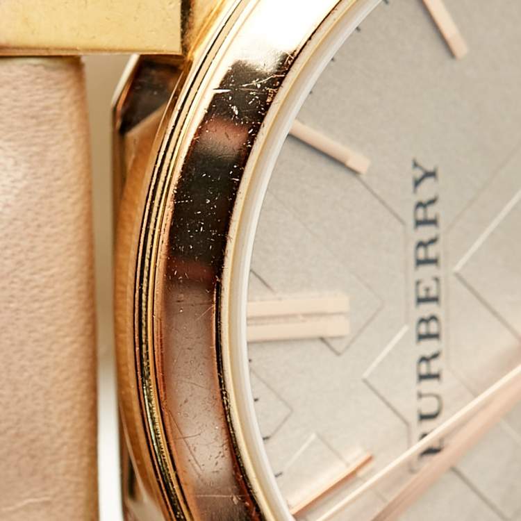 Pre Owned Burberry The City BU9109 Champagne Rose Gold Plated Stainless Steel Leather Women's Wristwatch 34 mm