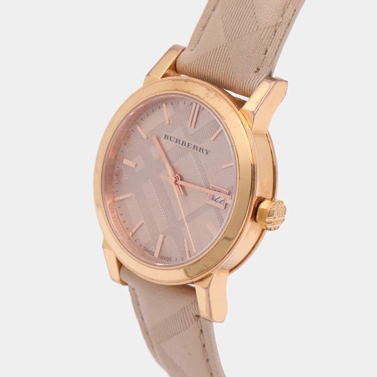 Pre Owned Burberry Beige Rose Gold Plated Stainless Steel Leather BU9014 Women's Wristwatch 34.5 mm