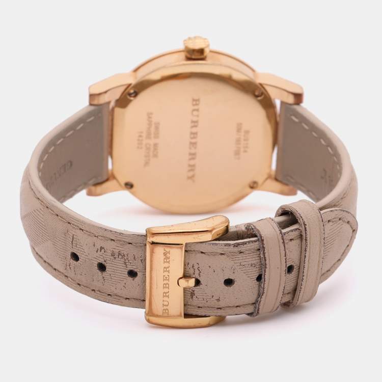 Pre Owned Burberry Beige Rose Gold Plated Stainless Steel Leather BU9014 Women's Wristwatch 34.5 mm