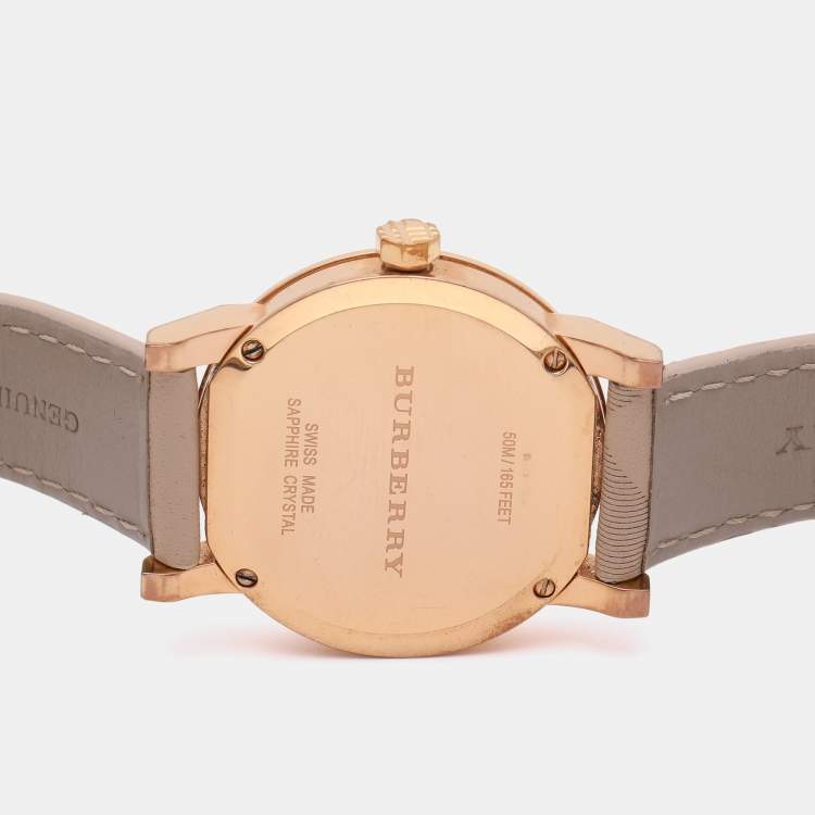 Pre Owned Burberry Beige Rose Gold Plated Stainless Steel Leather BU9014 Women's Wristwatch 34.5 mm