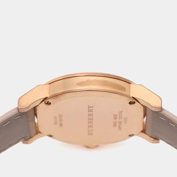 Pre Owned Burberry Beige Rose Gold Plated Stainless Steel Leather BU9014 Women's Wristwatch 34.5 mm