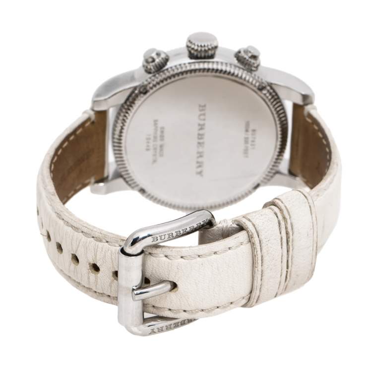 Pre Owned Burberry White Stainless Steel Leather Utilitarian BU7821 Unisex Wristwatch 42 mm