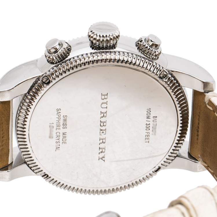Pre Owned Burberry White Stainless Steel Leather Utilitarian BU7821 Unisex Wristwatch 42 mm