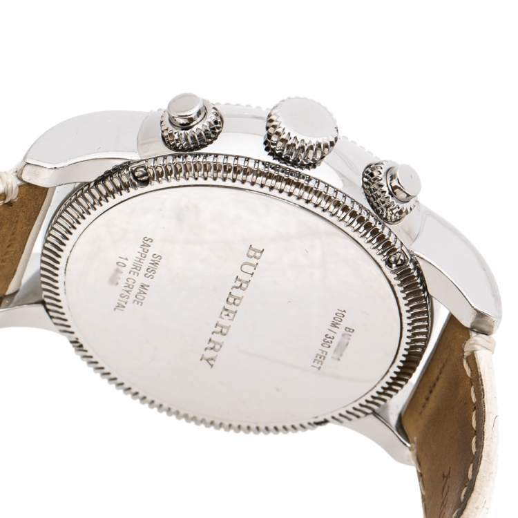 Pre Owned Burberry White Stainless Steel Leather Utilitarian BU7821 Unisex Wristwatch 42 mm