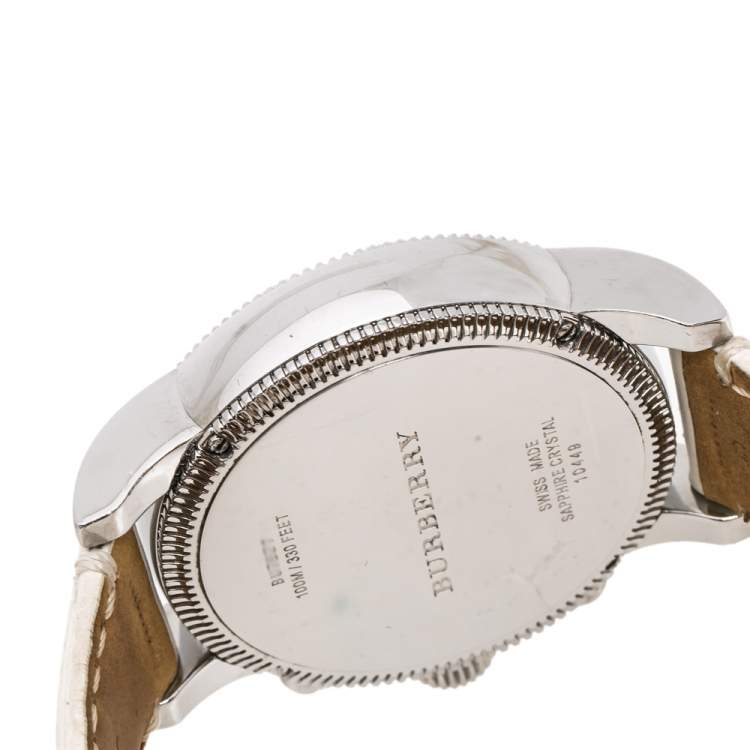 Pre Owned Burberry White Stainless Steel Leather Utilitarian BU7821 Unisex Wristwatch 42 mm