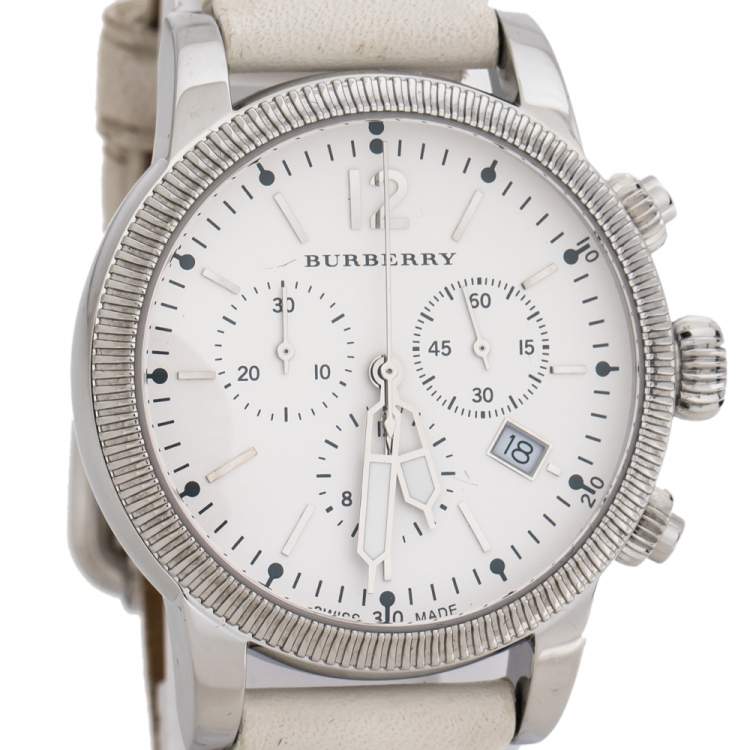 Pre Owned Burberry White Stainless Steel Leather Utilitarian BU7821 Unisex Wristwatch 42 mm