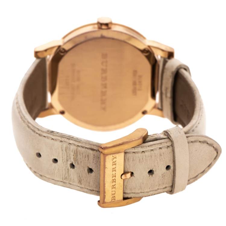 Pre Owned Burberry Silver White Rose Gold Plated Stainless Steel Leather The City BU9012 Women's Wristwatch 38 mm