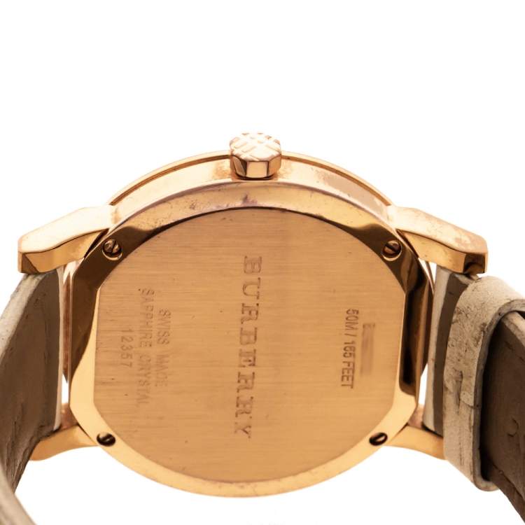 Pre Owned Burberry Silver White Rose Gold Plated Stainless Steel Leather The City BU9012 Women's Wristwatch 38 mm