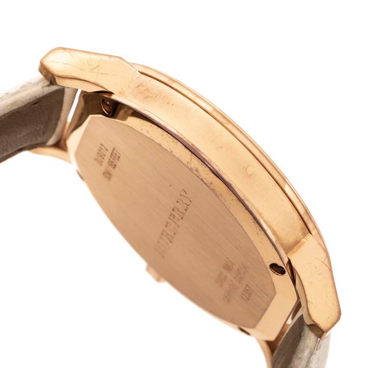 Pre Owned Burberry Silver White Rose Gold Plated Stainless Steel Leather The City BU9012 Women's Wristwatch 38 mm