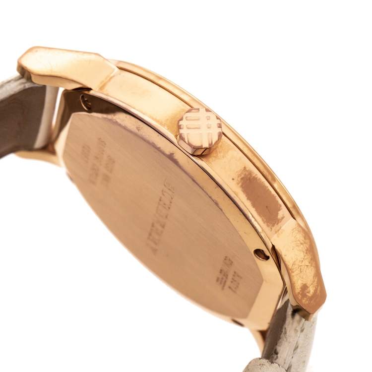 Pre Owned Burberry Silver White Rose Gold Plated Stainless Steel Leather The City BU9012 Women's Wristwatch 38 mm
