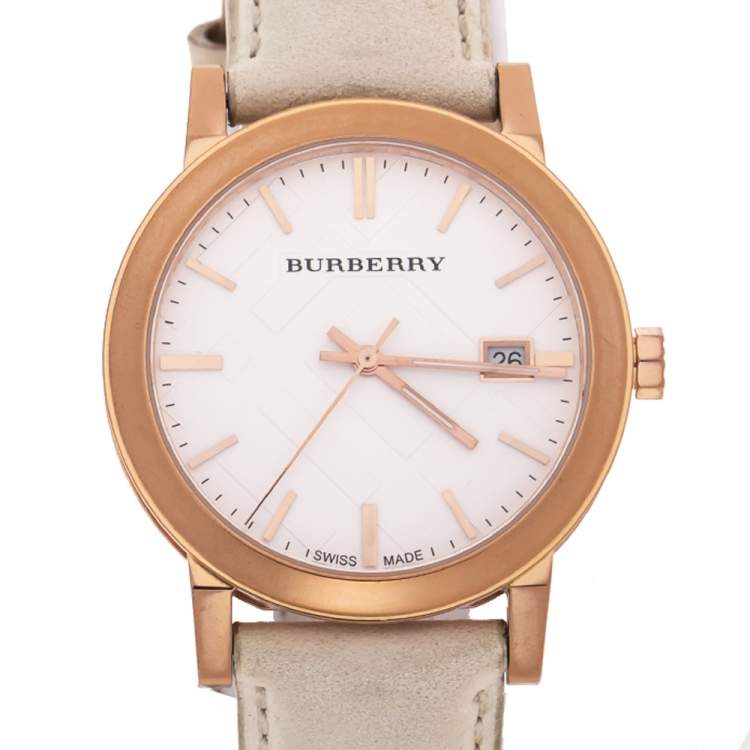 Pre Owned Burberry Silver White Rose Gold Plated Stainless Steel Leather The City BU9012 Women's Wristwatch 38 mm