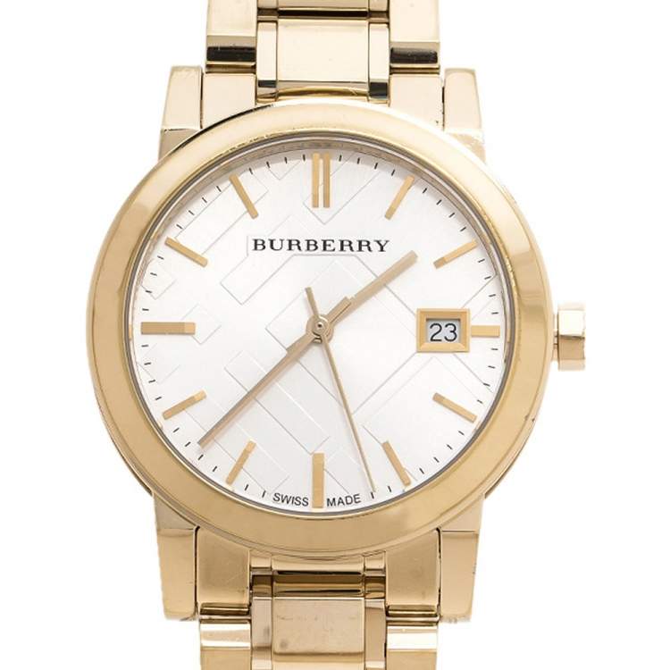 Pre Owned Burberry Silver Gold Tone Stainless Steel BU9103 Women's Wristwatch 34 mm