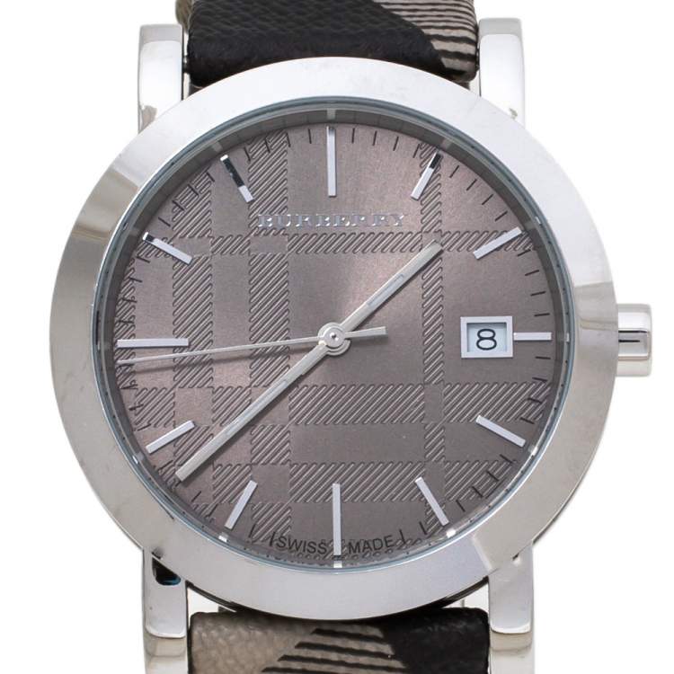 Pre Owned Burberry Grey Stainless Steel Heritage BU1774 Unisex Wristwatch 38 mm