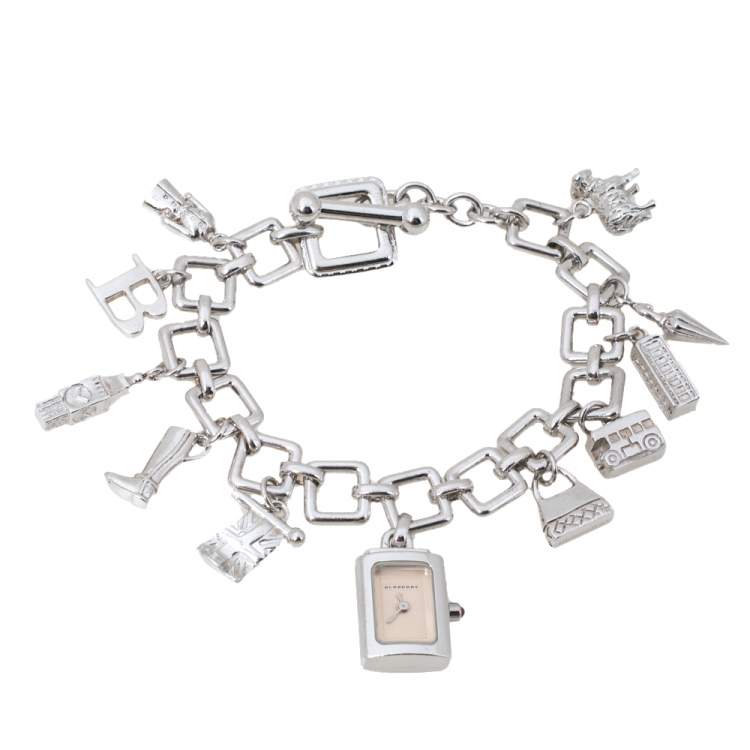 Pre Owned Burberry Beige Sterling Silver Bracelet Charm BU5200 Women's Wristwatch 14 mm