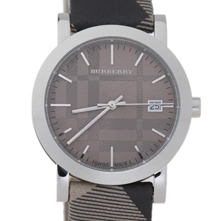 Pre Owned Burberry Grey Stainless Steel Heritage BU1774 Unisex Wristwatch 38 mm