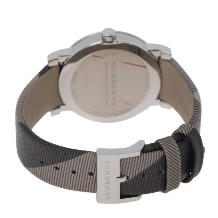 Pre Owned Burberry Grey Stainless Steel Heritage BU1774 Unisex Wristwatch 38 mm