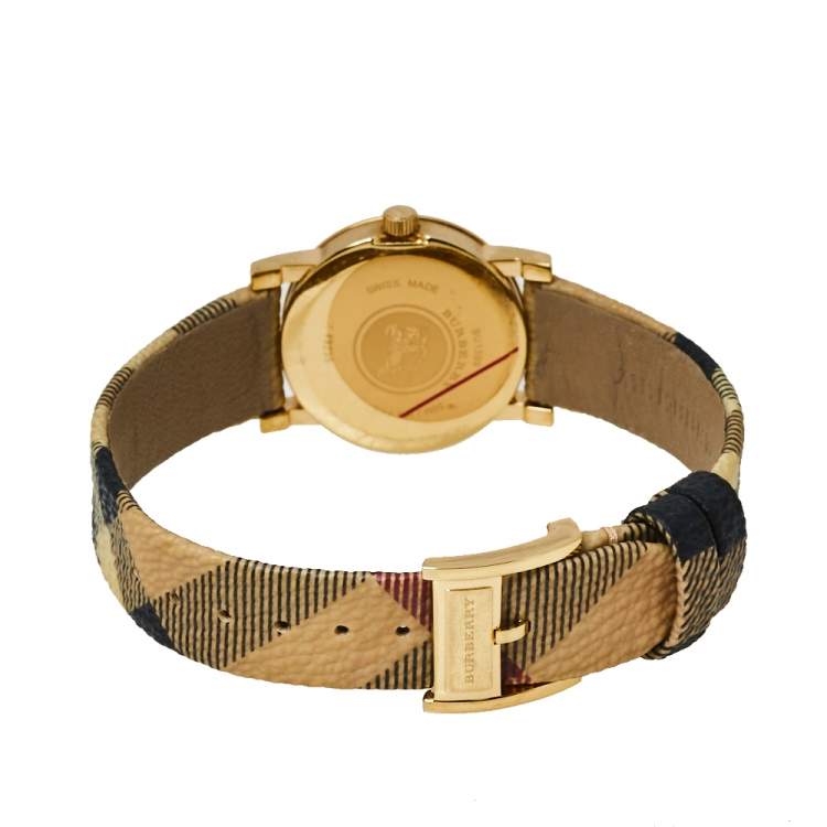 Pre Owned Burberry Champagne Yellow Gold Tone Stainless Steel Novacheck Canvas BU1399 Women's Wristwatch 28 MM