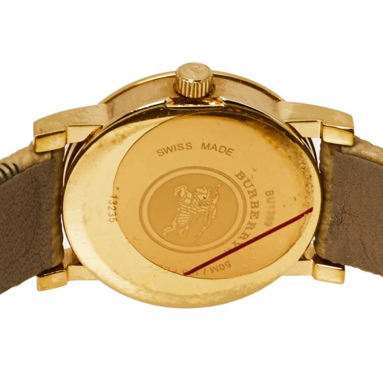 Pre Owned Burberry Champagne Yellow Gold Tone Stainless Steel Novacheck Canvas BU1399 Women's Wristwatch 28 MM