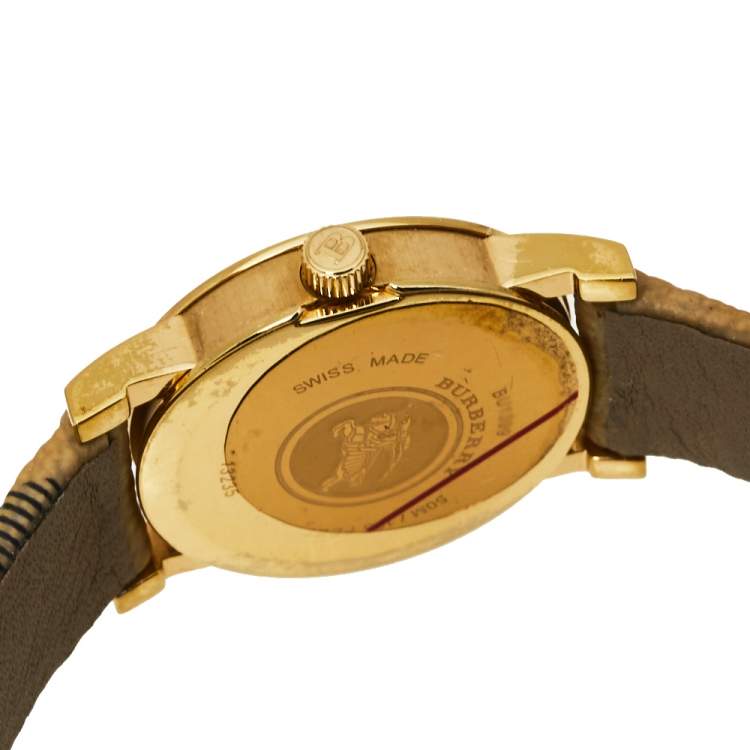 Pre Owned Burberry Champagne Yellow Gold Tone Stainless Steel Novacheck Canvas BU1399 Women's Wristwatch 28 MM