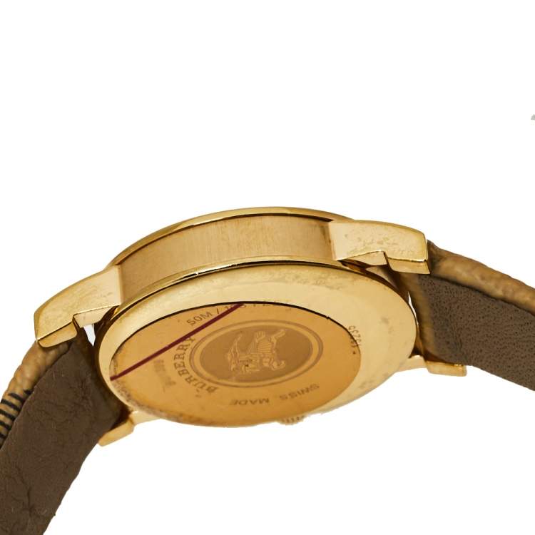 Pre Owned Burberry Champagne Yellow Gold Tone Stainless Steel Novacheck Canvas BU1399 Women's Wristwatch 28 MM
