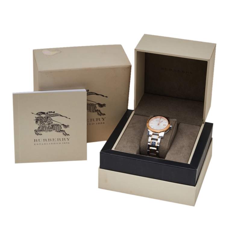 Pre Owned Burberry Silver White Two Tone Stainless Steel BU9105 Women's Wristwatch 34 mm