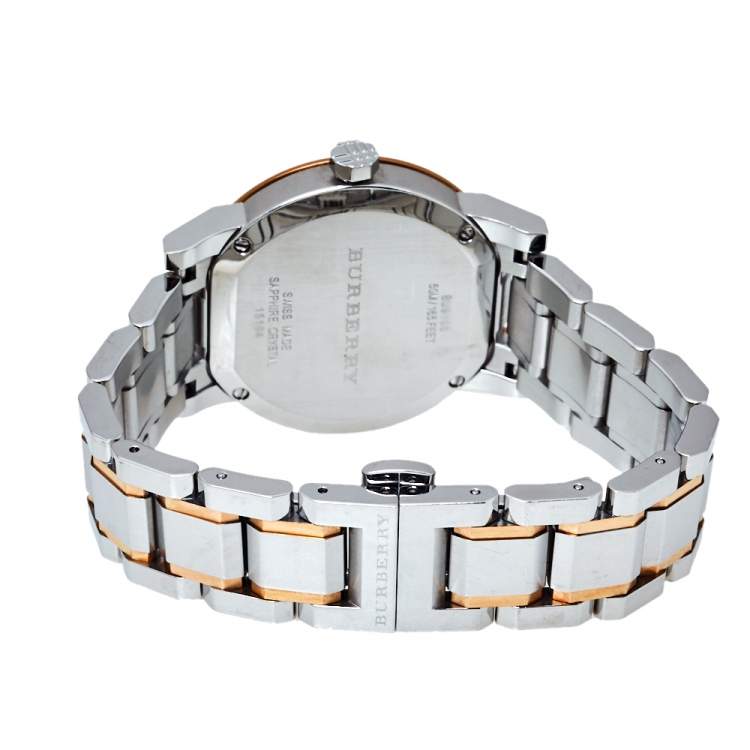 Pre Owned Burberry Silver White Two Tone Stainless Steel BU9105 Women's Wristwatch 34 mm