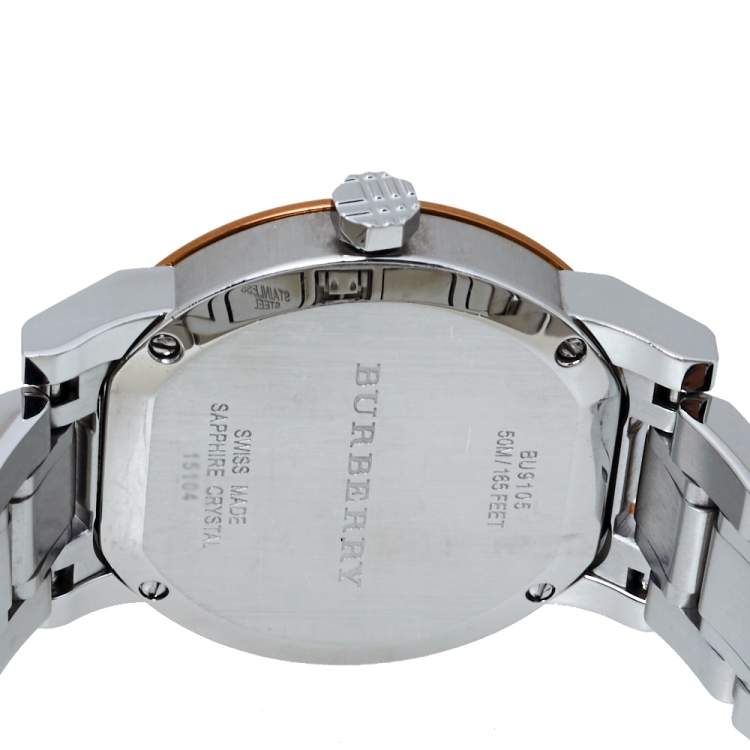 Pre Owned Burberry Silver White Two Tone Stainless Steel BU9105 Women's Wristwatch 34 mm