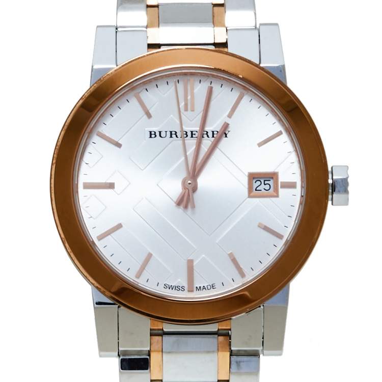 Pre Owned Burberry Silver White Two Tone Stainless Steel BU9105 Women's Wristwatch 34 mm