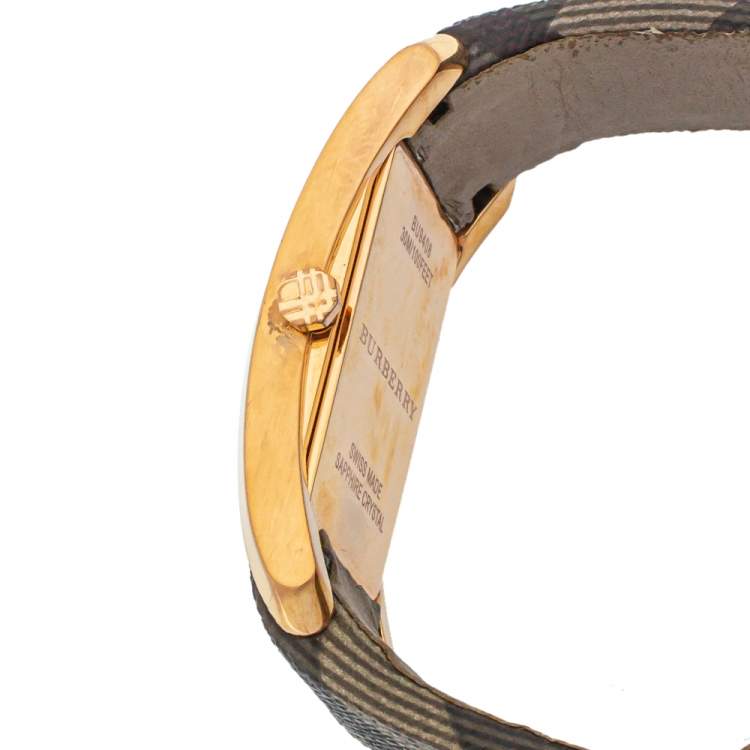 Pre Owned Burberry Rose Gold Tone Stainless Steel Leather Pioneer BU9408 Women's Wristwatch 25mm