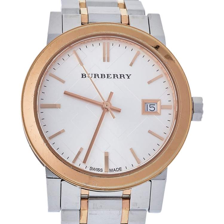 Pre Owned Burberry Silver Two Tone Stainless Steel The City BU9105 Women's Wristwatch 34 mm