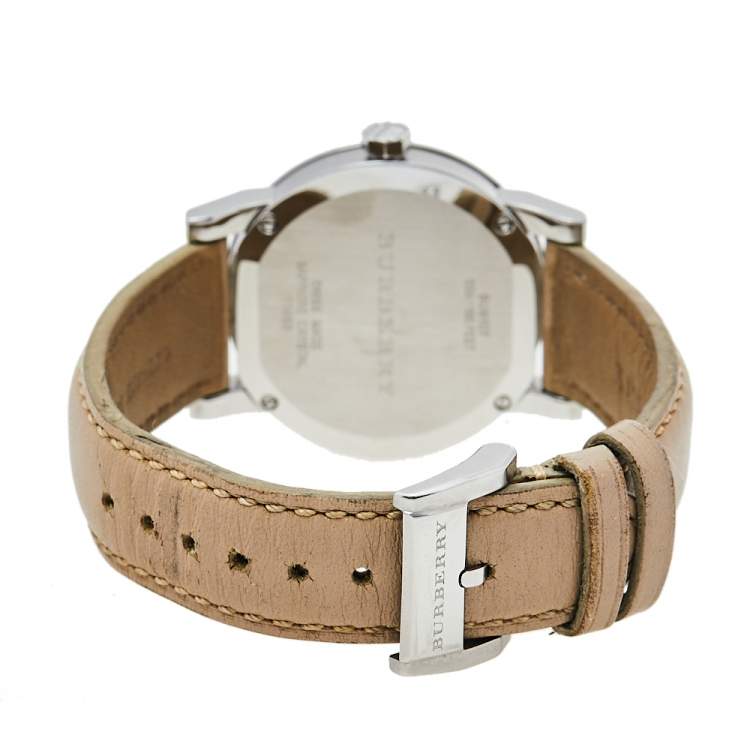 Pre Owned Burberry Beige Stainless Steel Check Dial Leather BU9107 Women's Wristwatch 34 mm 
