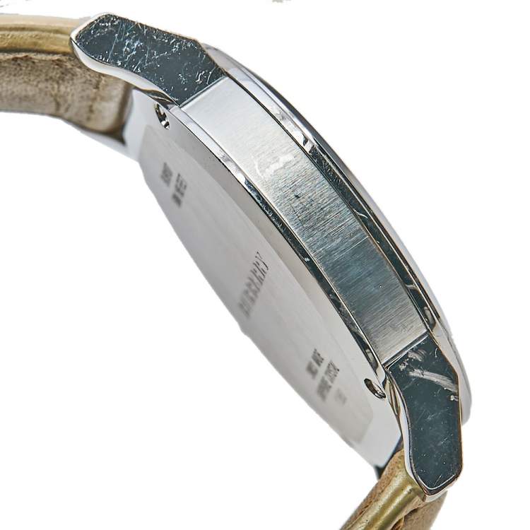 Pre Owned Burberry Beige Stainless Steel Check Dial Leather BU9107 Women's Wristwatch 34 mm 