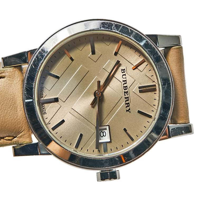 Pre Owned Burberry Beige Stainless Steel Check Dial Leather BU9107 Women's Wristwatch 34 mm 