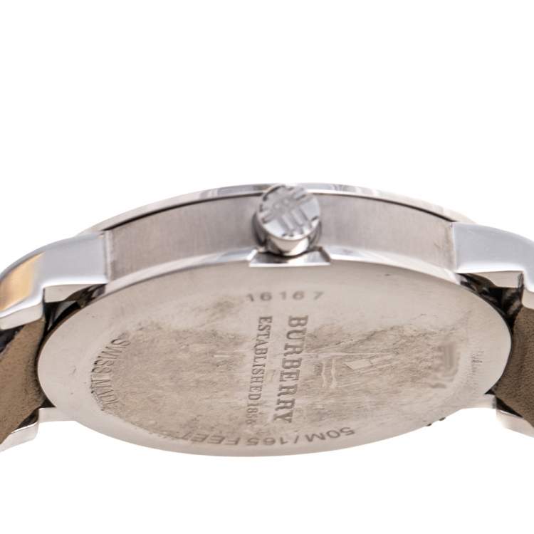 Pre Owned Burberry Grey Stainless Steel Check Leather Heritage BU1774 Unisex Wristwatch 38 mm