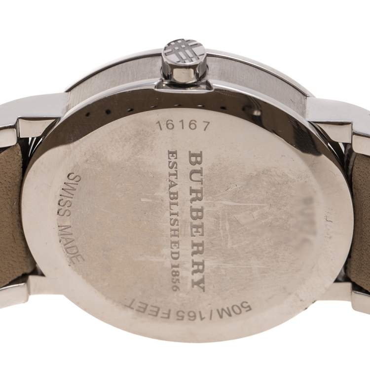 Pre Owned Burberry Grey Stainless Steel Check Leather Heritage BU1774 Unisex Wristwatch 38 mm