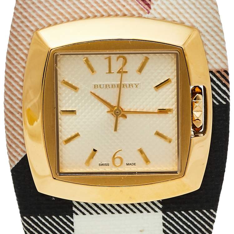 Pre Owned Burberry Gold Tone Stainless Steel Check Leather BU4051 Women's Wristwatch 33.5 mm