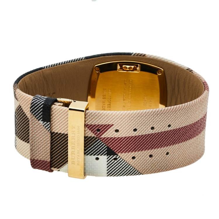 Pre Owned Burberry Gold Tone Stainless Steel Check Leather BU4051 Women's Wristwatch 33.5 mm
