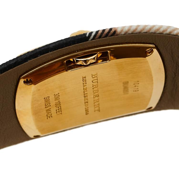 Pre Owned Burberry Gold Tone Stainless Steel Check Leather BU4051 Women's Wristwatch 33.5 mm