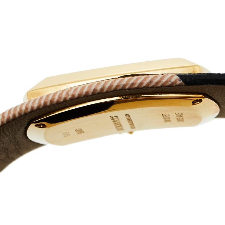 Pre Owned Burberry Gold Tone Stainless Steel Check Leather BU4051 Women's Wristwatch 33.5 mm